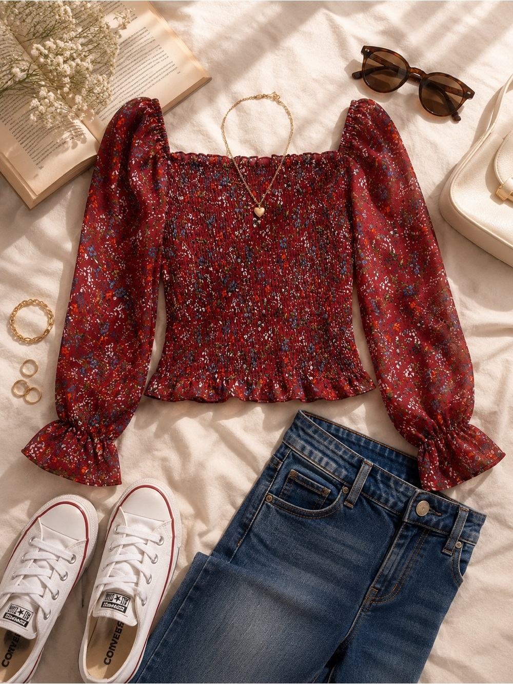 Japna Red Floral Smocked Square-Neck Blouse Boho Cottagecore Crop Top